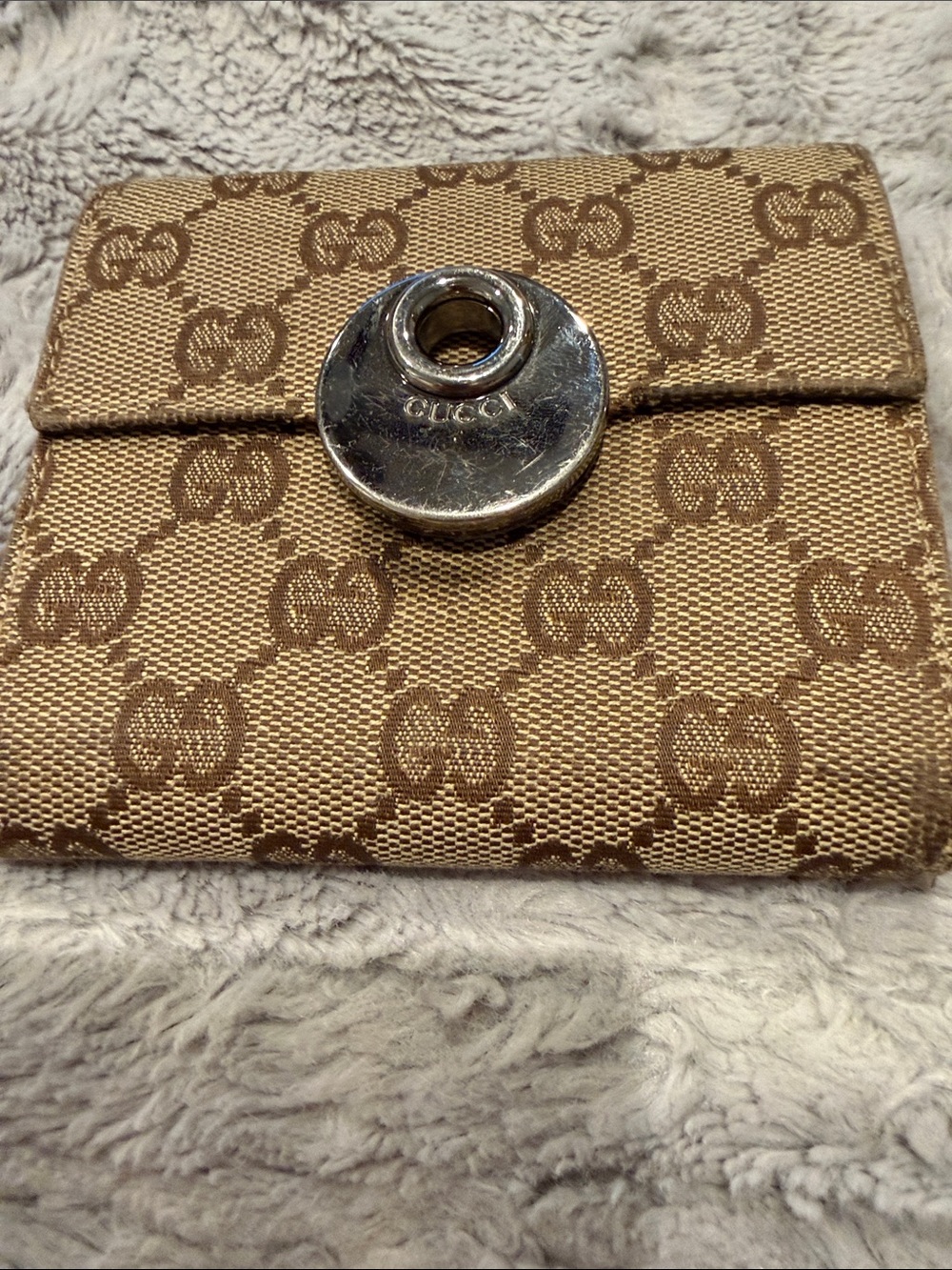 Gucci Beige and Brown Eclipse GG Canvas Snap Wallet with Silver-Tone Closure